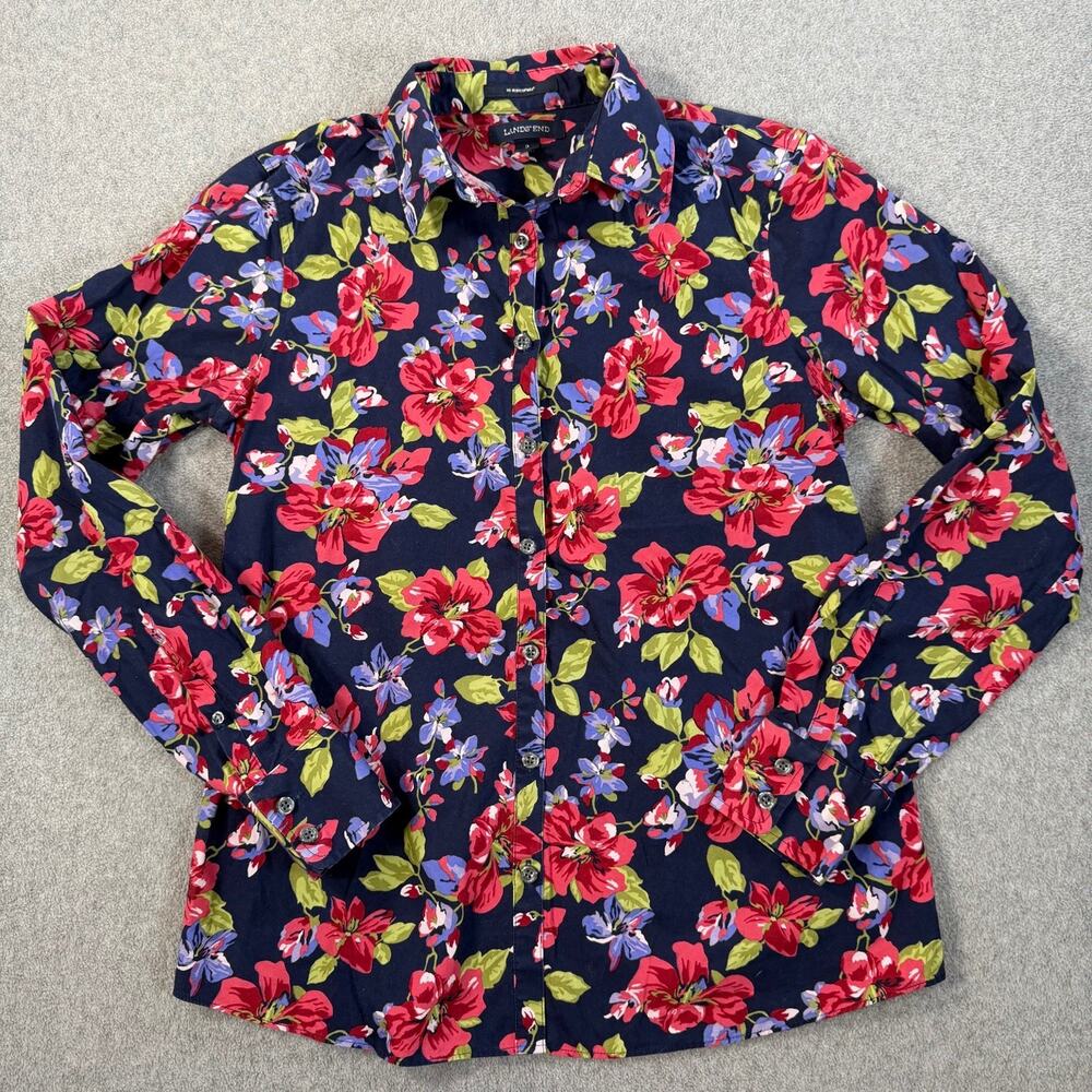 Lands' End Women's 2 No Iron Supima Button-Up Shirt Cotton Long Sleeve Navy Blue